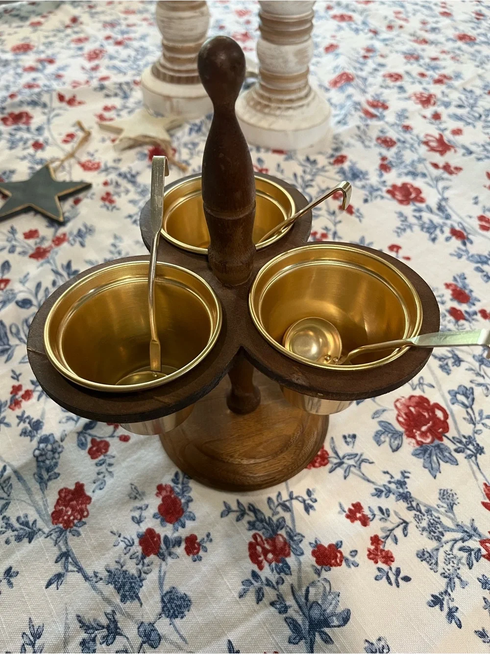 Vintage, Mid-Century Modern Wooden Condiment Holder with Gold Bowls & Ladles